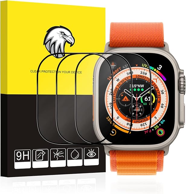 Aimtel Compatible with Apple Watch Ultra 49mm Screen Protector,[3 Pack] 9H Anti-Bubble Anti-Scratch HD Full Tempered Glass Screen Protector iWatch 8 Ultra 49mm Protector for Apple Watch 8 Ultra 49mm
