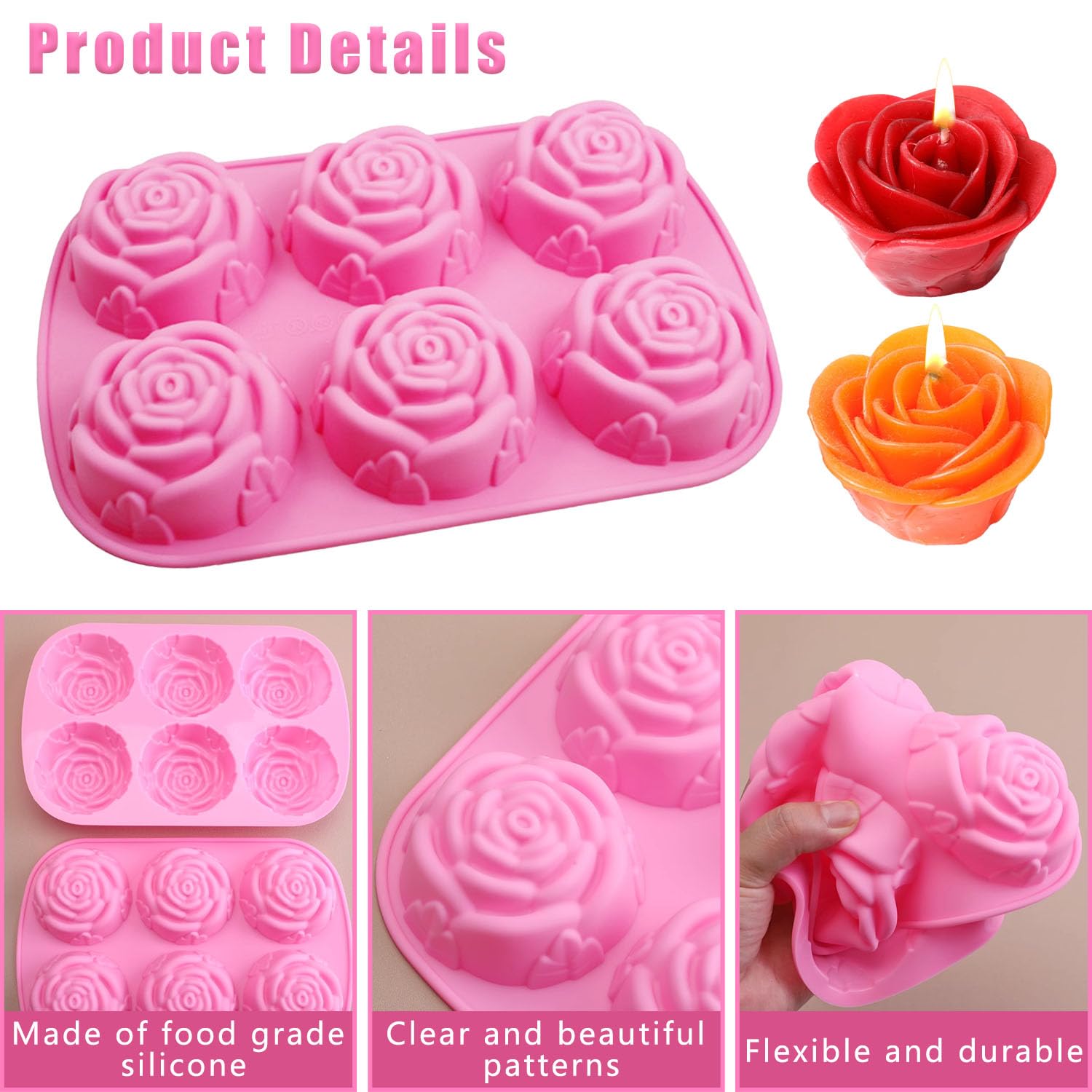 Moule Dessert Fleuri Moule Silicone Fleur - 3 Moules à Glaçons/Gâteau En Forme De Rose | Food-Grade Pour Cuisine & Pâtisserie Moule Silicone Rose Bougie
