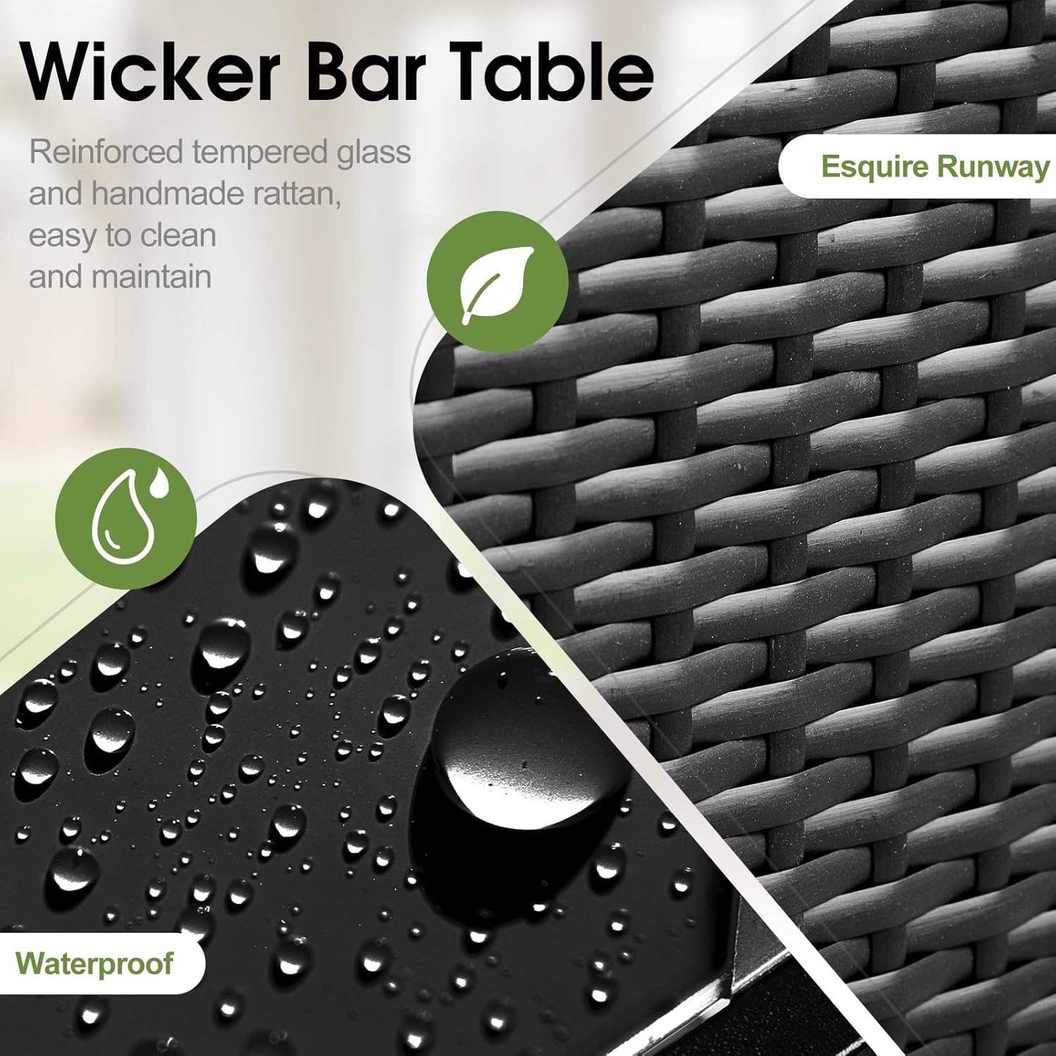 Outdoor Bar Cart Table, Large Patio Rattan Bar Cart Wicker Rolling Island with Glass Top, Storage Cabinet, Open Shelf, Handles and Lockable Wheels, for Garden, Poolside, Balcony, Black