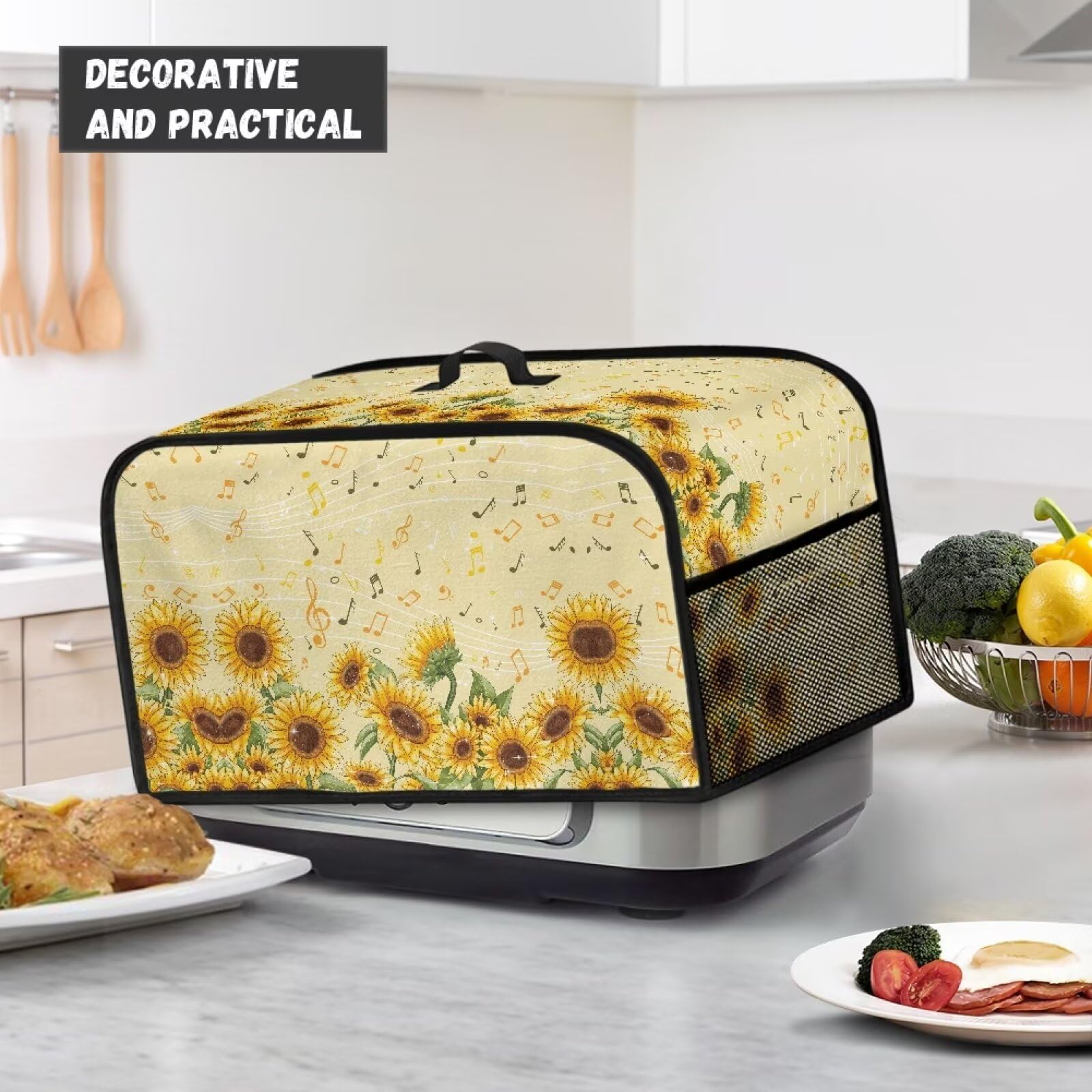 Yuresuaet Sunflowers Notes Print Slow Cooker Cover Oval 6+ Quart Top Cover with Handles Small Appliance Cover Stain Resistant Pressure Cooker Cover Washable