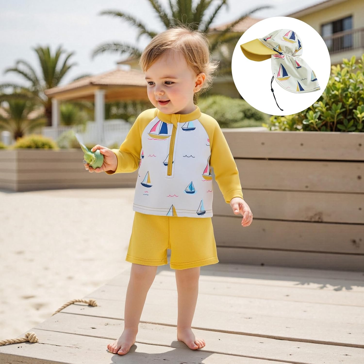DuAnyozu Baby Boys Swimsuit Long Sleeve Rash Guard Swimwear Baby Boy Swim Trunk with Hat Set 3-Piece Toddler Bathing Suit - Image 2