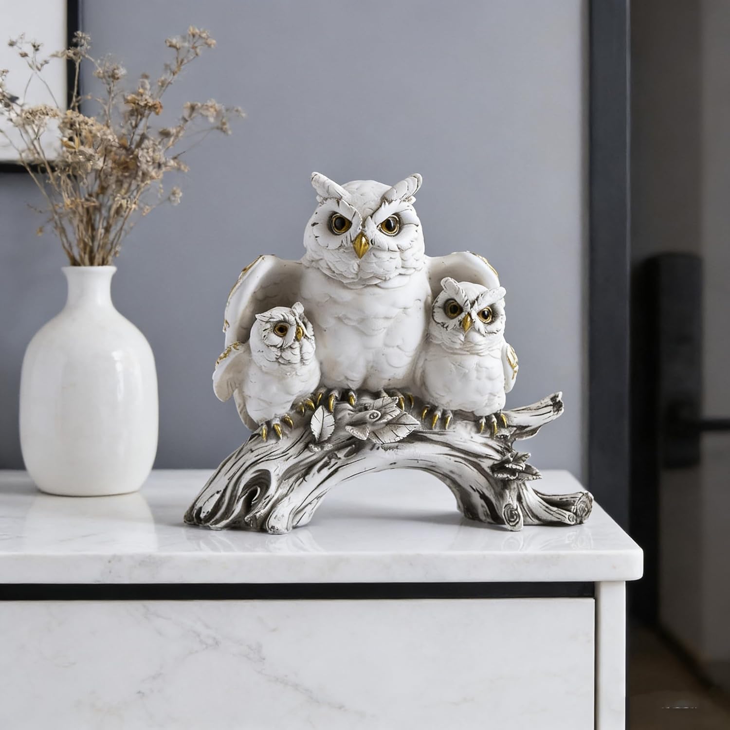 White Owl Family Statue, Resin Owl Figurines with Gold Accents, Handcrafted Owl Decor for Home, Owl Gifts for Owl Lovers, Animal Sculpture for Shelf Mantel Office Decor (B)