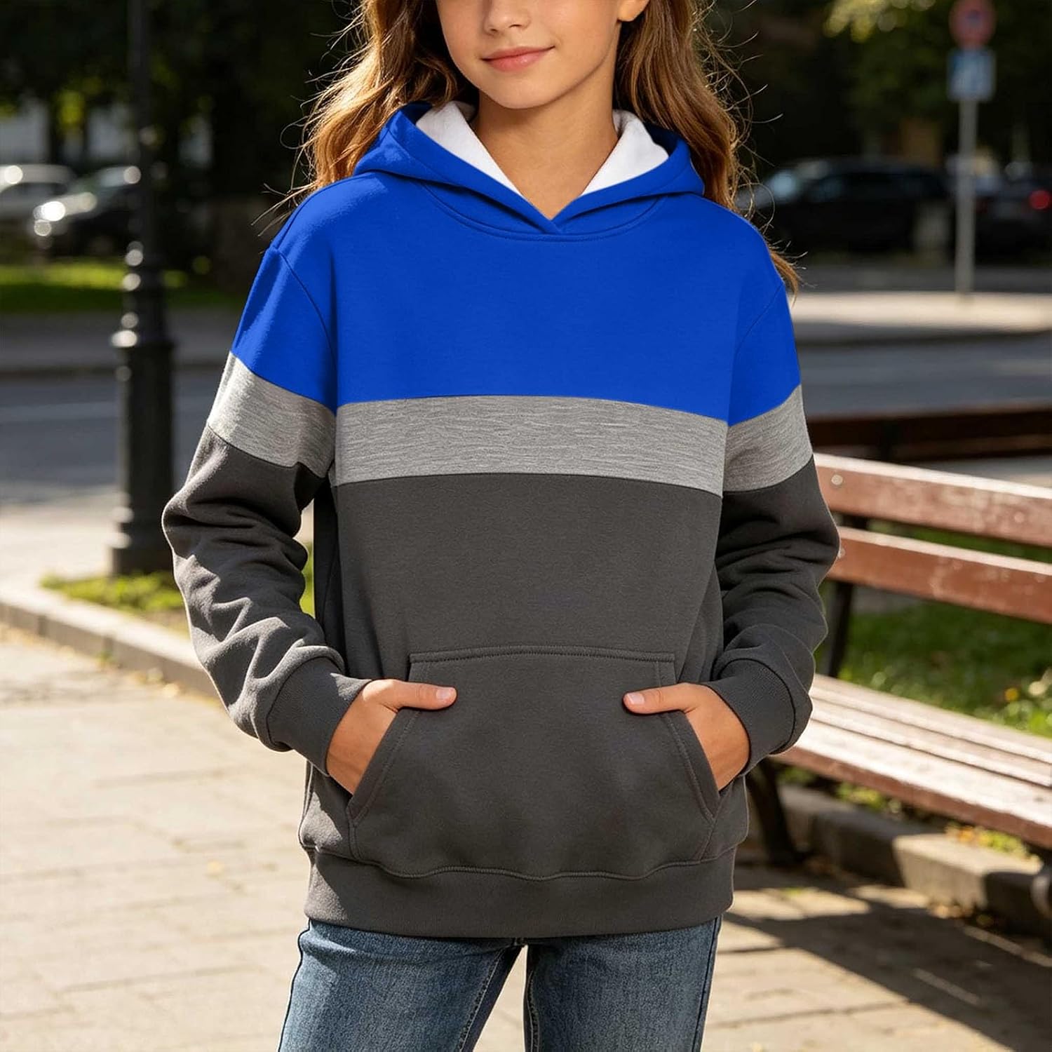 Girls Cute Color Block Fleece Hoodie Pullover Sweatshirt