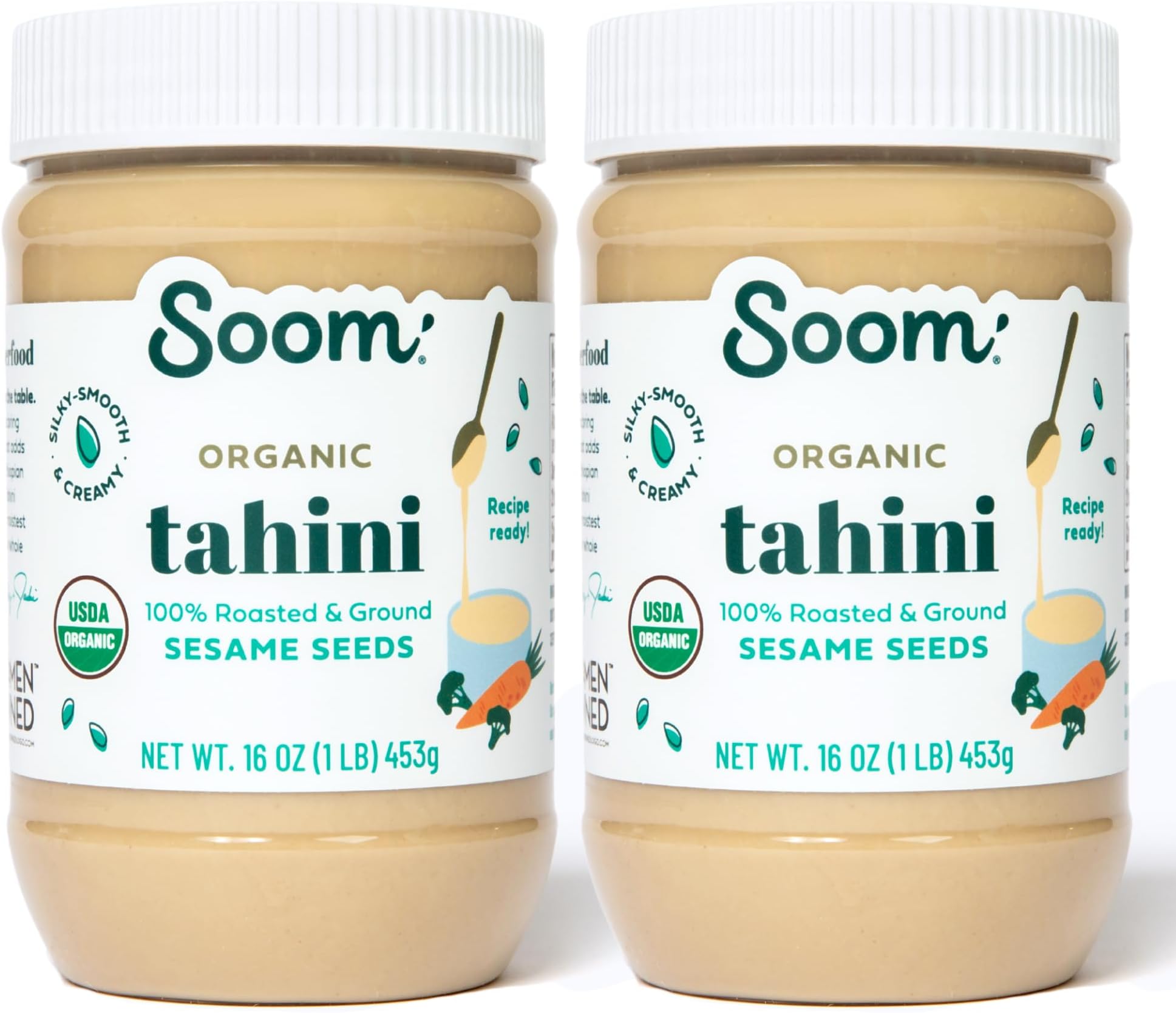 Soom Foods Organic Tahini 16oz (2 Pack) | Roasted & Ground Sesame Seed Paste | Creamy Tahini for Dubai Chocolate, Hummus, Sauces | Vegan, Nut-Free, Gluten-Free, Kosher, Keto, Paleo, Whole30
