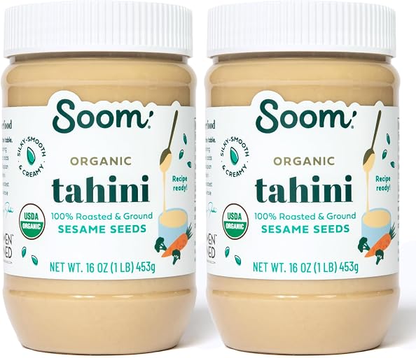 Soom Foods Organic Tahini 16oz (2 Pack) | Roasted & Ground Sesame Seed Paste | Creamy Tahini for Dubai Chocolate, Hummus, Sauces | Vegan, Nut-Free, Gluten-Free, Kosher, Keto, Paleo, Whole30