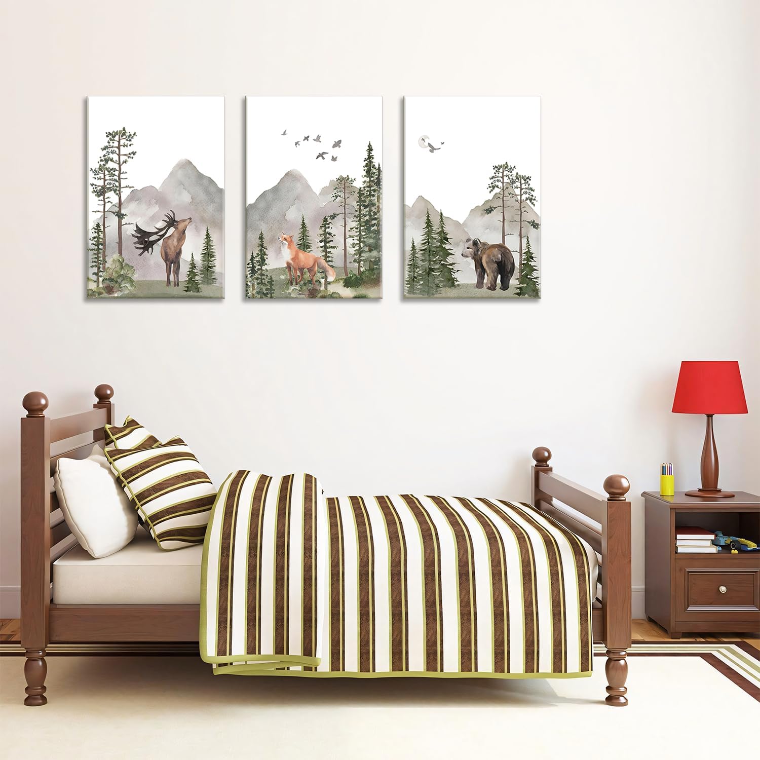 Yaneiro Woodland Nursery Canvas Wall Art Set of 3, Wild Animals Forest Adventure Theme Posters Prints, Deer Bear Fox Watercolor Paintings Wall Decor for Boys and Girls Room 16X24in Framed