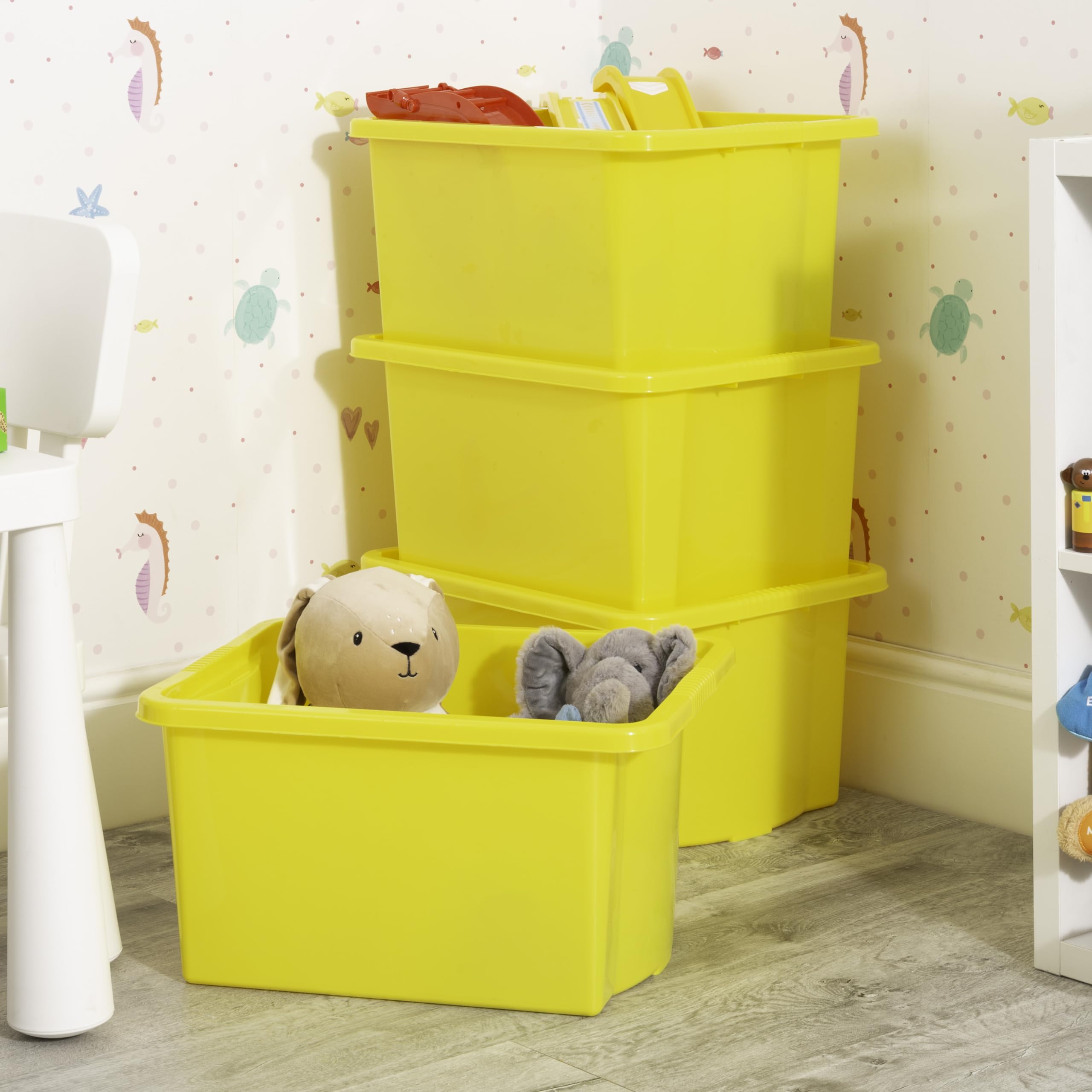 Wham Stack & Store 4 x 35L Plastic Storage Boxes | Ideal for Toys, Classrooms & Playrooms | Stackable & Nestable | Integrated Handles | Made in UK - Yellow