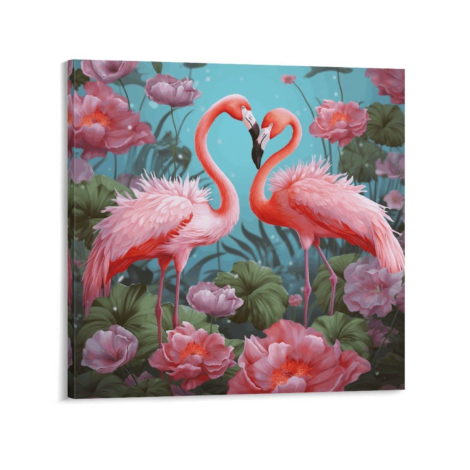 Flamingo Love Flowers Canvas Wall Art for Bedroom 16x16inch(40x40cm) Canvas Prints Artwork for Walls Modern Picture Artwork Painting for Living Room Aesthetic Wall Paintings for Bathroom Kitchen Offic