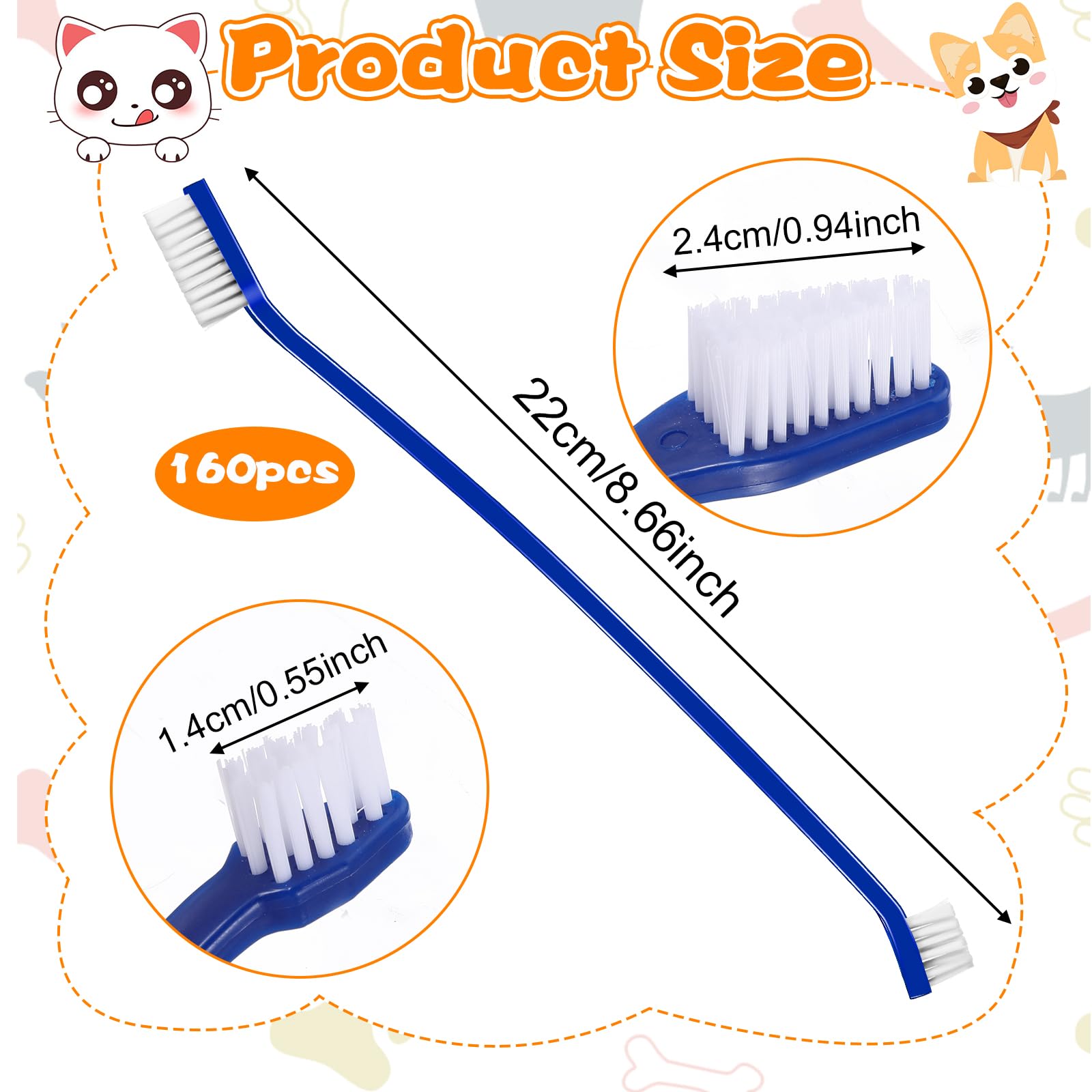 Lot de 160 brosses dentaires à double tête pour chien en vrac, brosse à dents à long manche pour chiot, grand et petit chat, 8 couleurs, matériau PP, nettoyage manuel