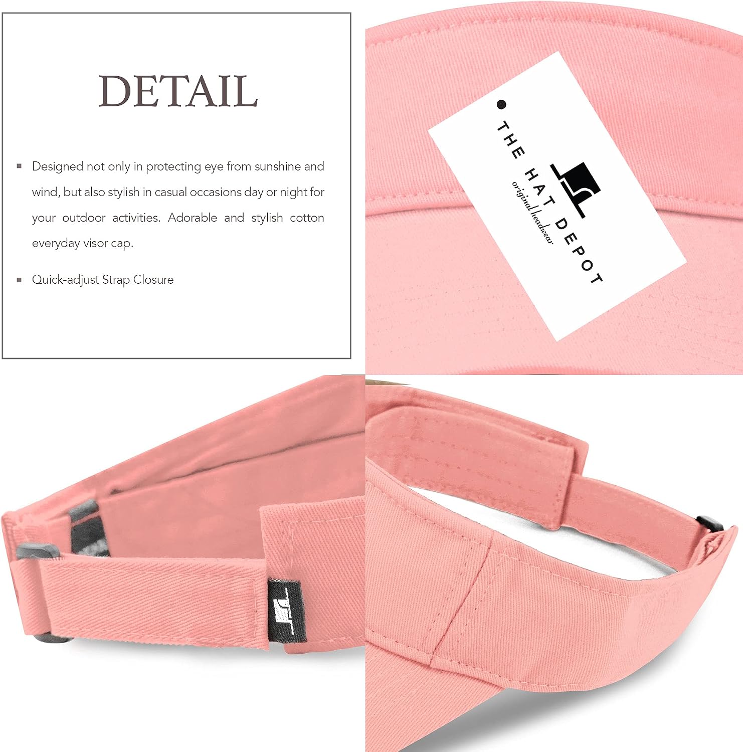 The Hat Depot Sun Visor hat Sports Visor 100% Cotton & Pigment Quick Adjust Strap Closure Sun-Protect Golf Men Women Visor Cap Hat (1. Light Pink)