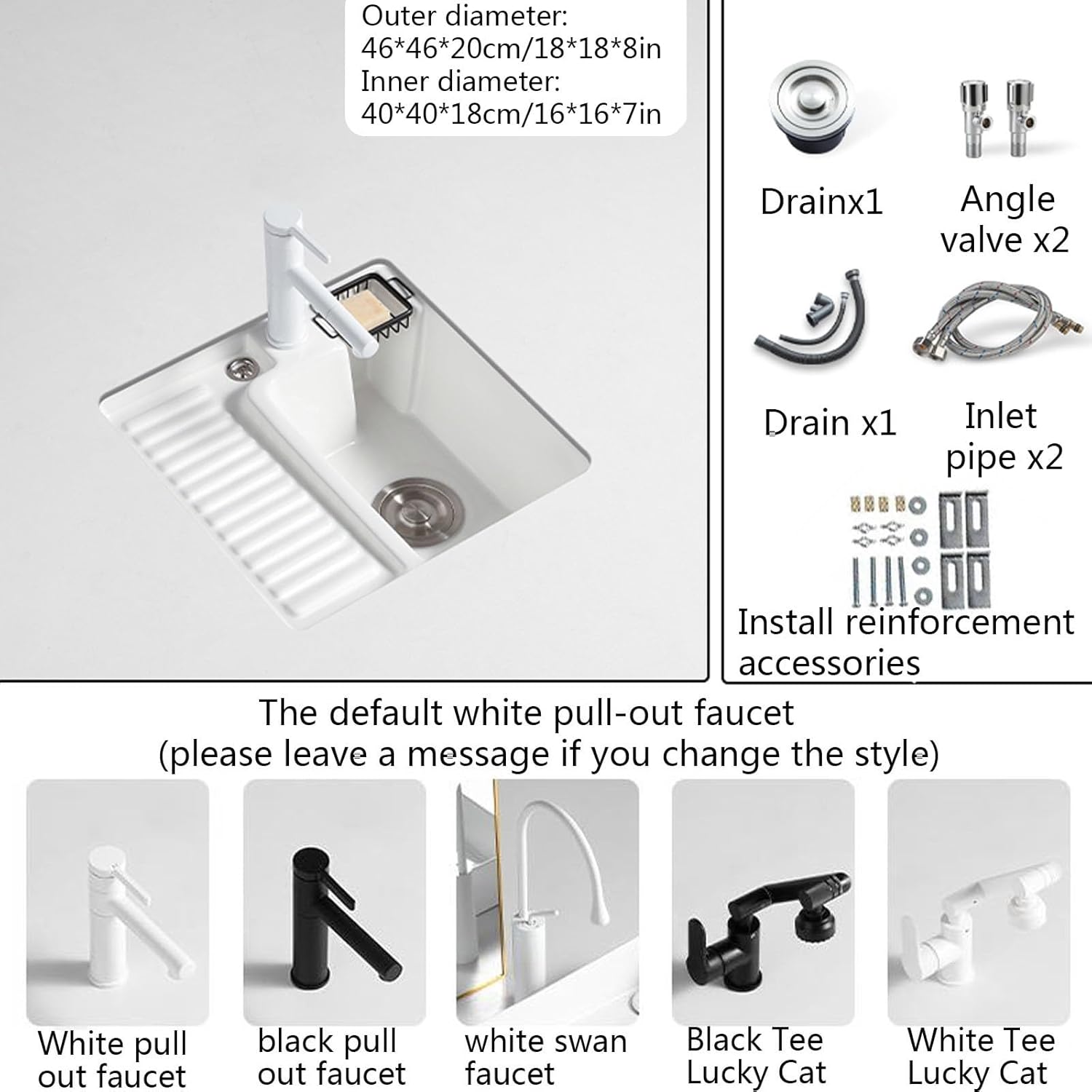 Kitchen sink,Single Bowl Ceramic Sink,undermount sink,with washboard,With pull-out faucet,High capacity,Suitable for kitchens,balconies,bar counters,bathrooms,laundry rooms,bars,hotels ( Size : 46*46c