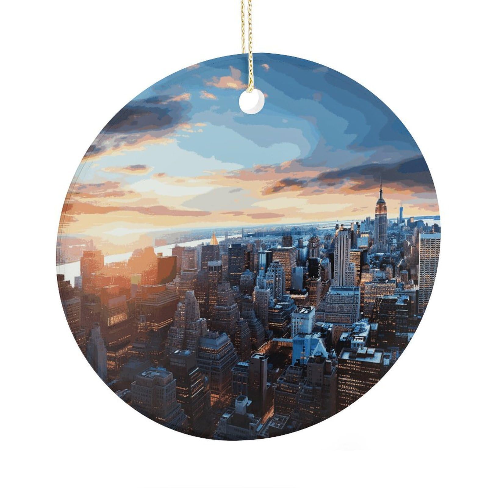 Fekiloot Style New York City Skyline Christmas Ornaments 2.9 Inch Round Ceramic Ornament Keepsake Thank You Gifts For Office, Room, Home - Holiday Present Ideas