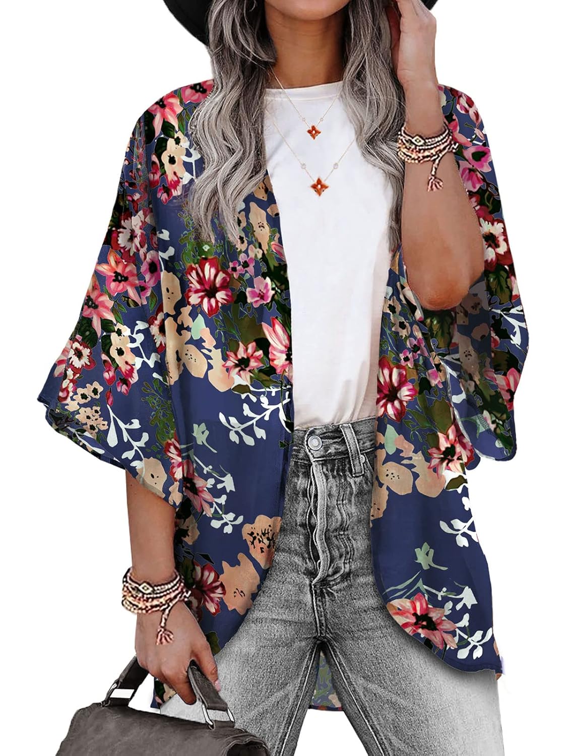 BB&KK Women’s Floral Kimono Cardigans Chiffon Casual Loose Open Front Cover Ups Tops
