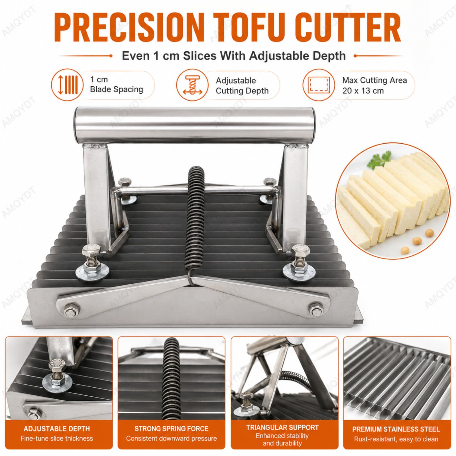 Tofu-Schneider, Edelstahl, verstellbarer Hobel mit 1 cm Abständen, schneidet bis zu 20 cm x 13 cm, ideal für Zuhause, Küche, Hotel und Restaurants