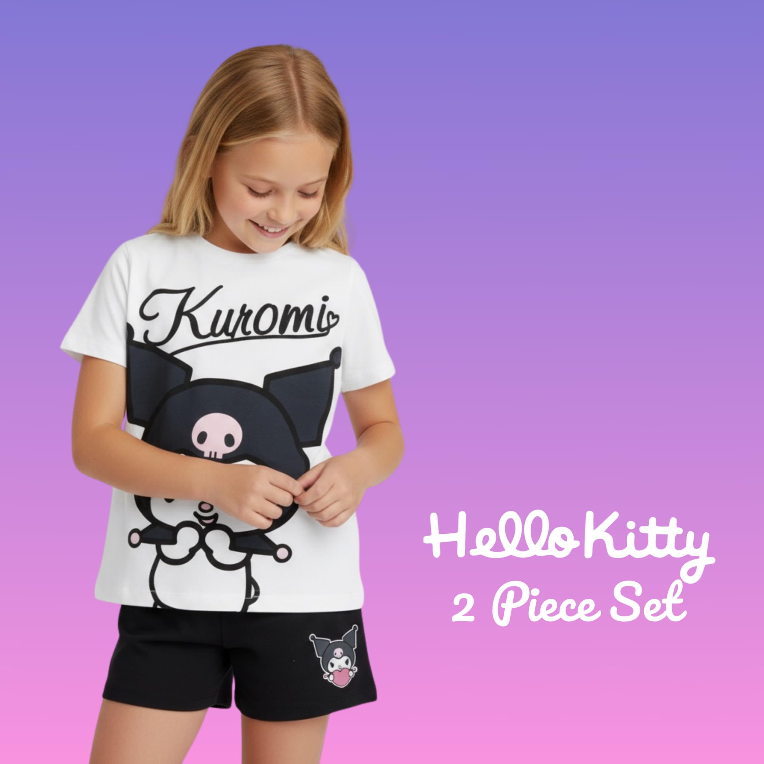 Hello Kitty Kuromi Camiseta y Pantalon para Niña, Conjunto 2 Piezas Camiseta Manga Corta y Pantalon Corto, Tallas 4 a 10 Años