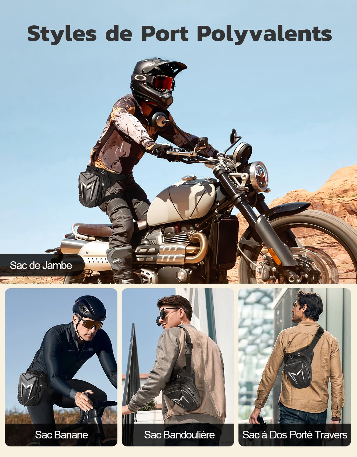 Mohard Sacoche de Jambe Moto, Sac d'Équipement Moto Jambe Réglable pour Femme Homme, Stockage Extensible & Bande Réfléchissante, Sac Banane Pochette Cuisse Multifontion pour Randonnée Cyclisme Pêche