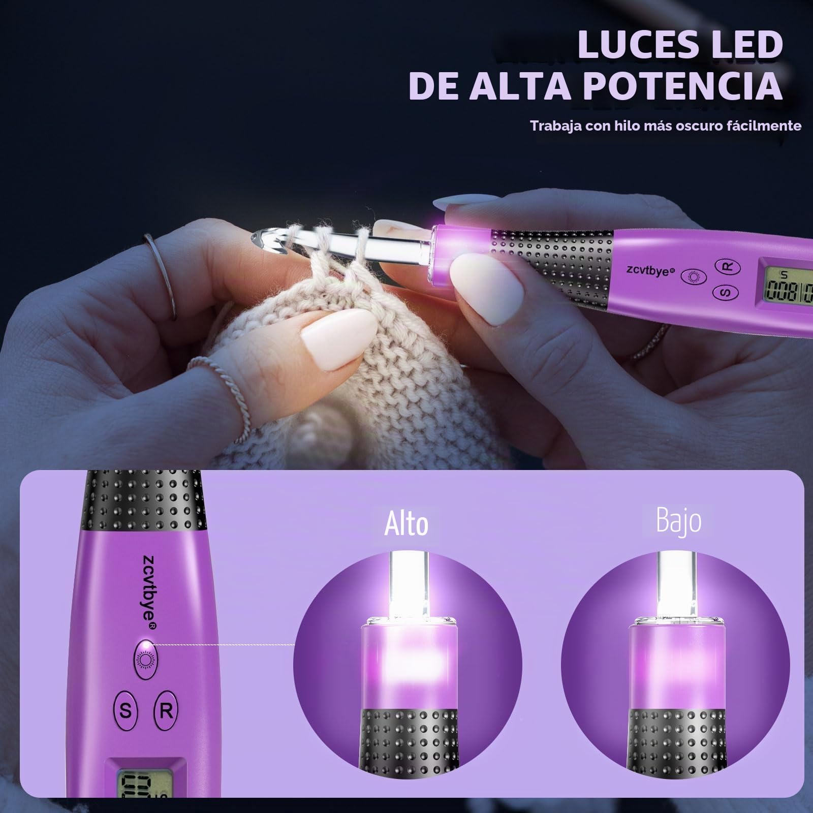 Set de crochet digital,crochet iluminado con contador,24 tamaños diferentes intercambiables,ergonómico con LED 2 niveles