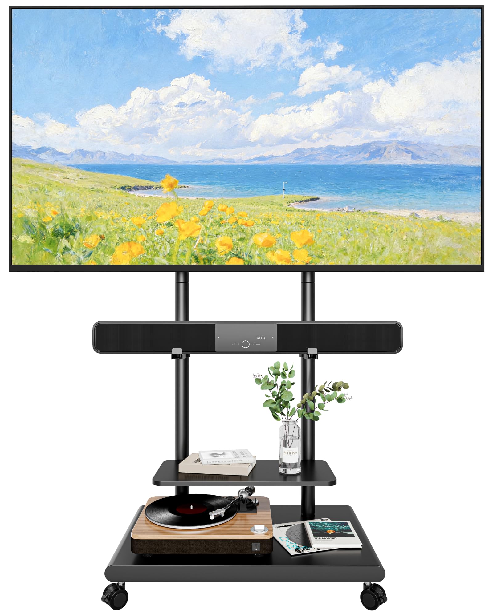 TV Ständer Rollbar mit Soundbar Halterung für 37-75 Zoll bis 70kg | Max VESA 600x400mm, Höhenverstellbar, Schwenkbar Neigbar, Stahl Fernseh Ständer mit Rollen, Stabile Doppelsäule & Ablage