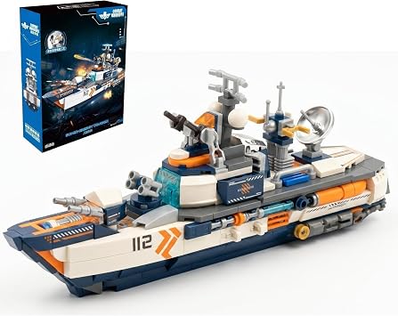 Cruiser Battleship Building Set, 335 PCS Navy Ship Model Kit with Orange-Blue Mechanical Design, Compatible with Lego Battleship, Cool Desk Display, Naval Gifts for Adults Man Teens 14+