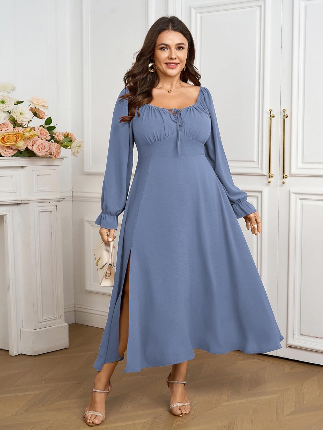 Women's Plus Size Milkmaid Dress Long Sleeve Square Neck Dress A-Line Flowy Maxi Wedding Guest Cocktail Formal Dresses - Image 7