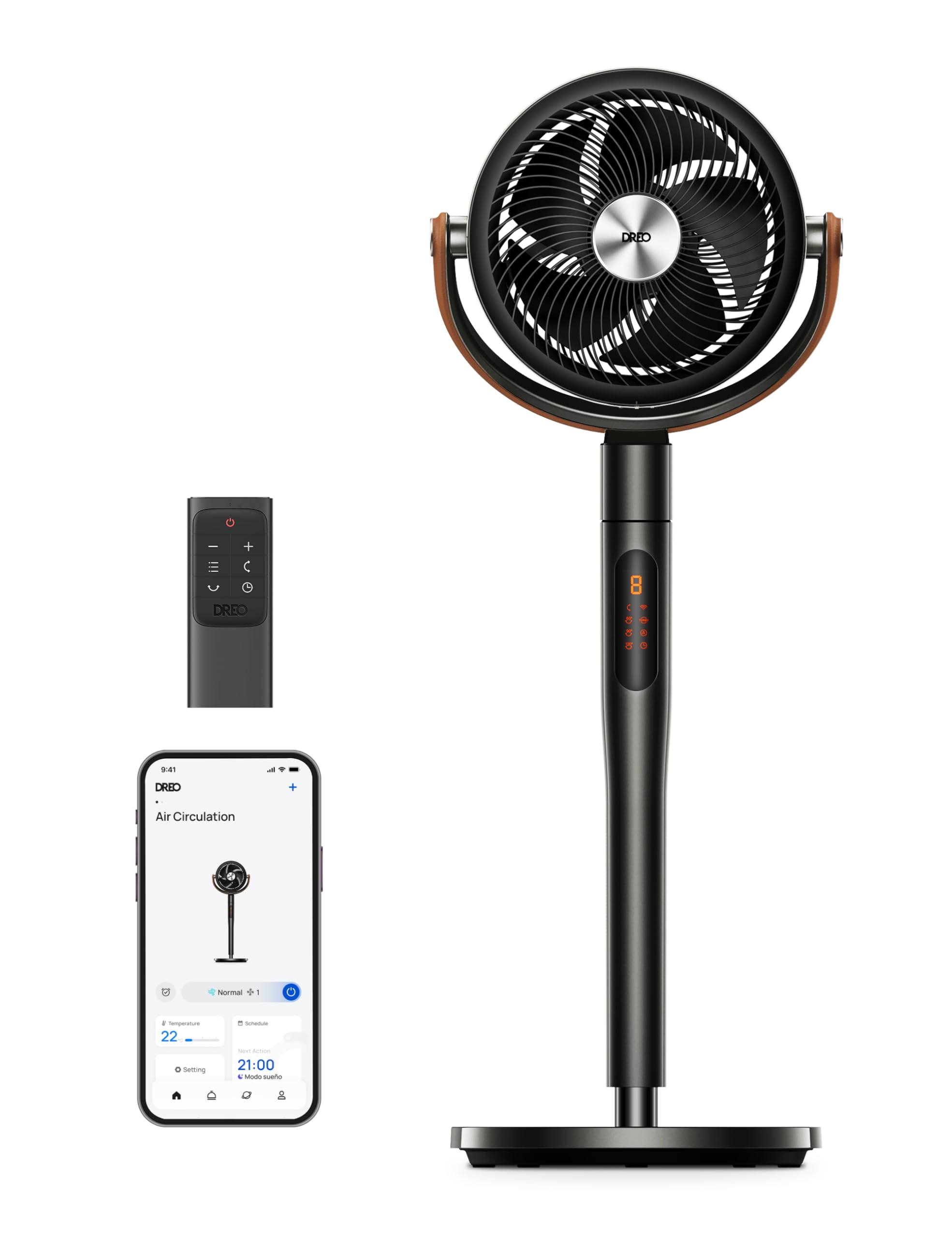 Dreo Smart Ventilador de Pie Silencioso 25dB, 30M de Viento, 1650m³/h Volumen de Aire, Turbo Circulador, Ventiladores Potentes con Mando, 6 Modos, 8 Velocidades, Oscilación Omnidireccional 120°+105°