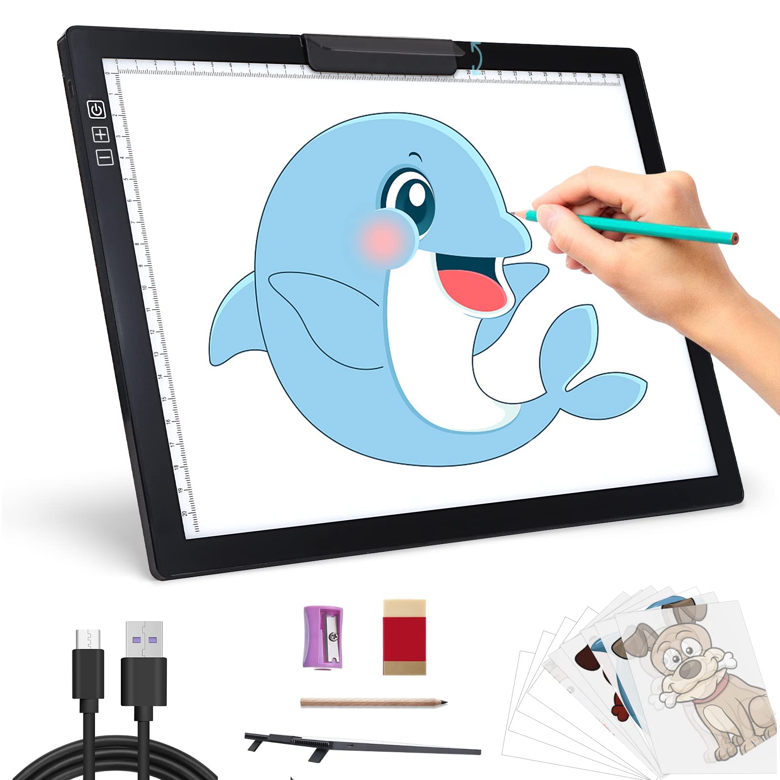 A4 Light Pad - Tracing Light Box Drawing with Foldable Stand and Top Clip, Stepless Dimmable 6 Levels Brightness Wireless Light Board Battery Powered LED Light Pad for Diamond Painting Sketching