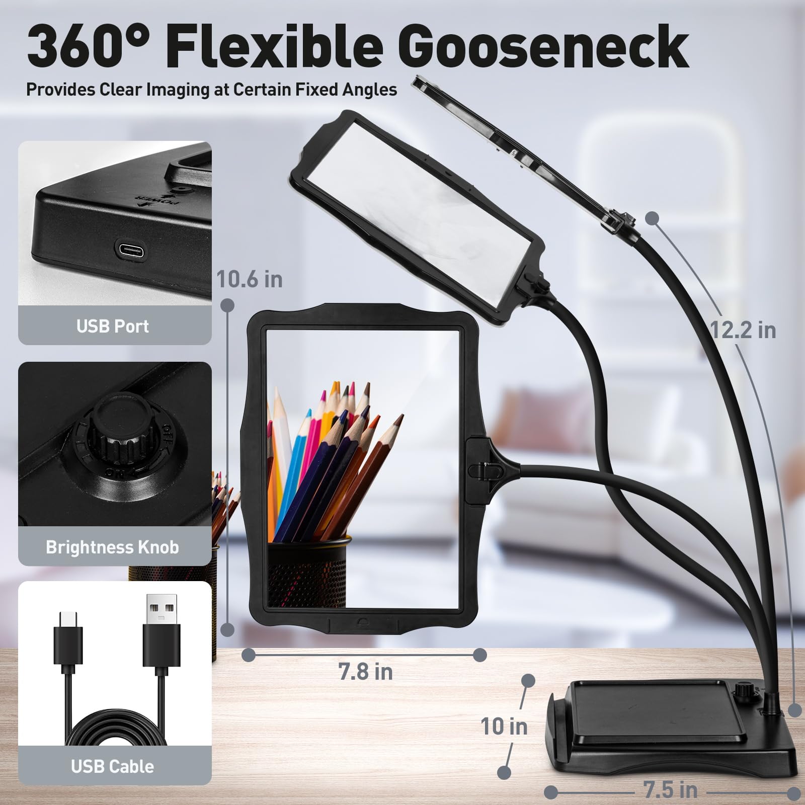 10X Rechargeable Magnifying Glass with Light and Stand, 50 LED Stepless Dimmable, Detachable Gooseneck Magnifying Lamp, Hands-Free Full Page Magnifier for Reading, Crafting, DIY, Close Work - Black