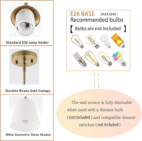 Miniatura 5 de Lámpara colgante moderna dorada, paquete de 3 lámparas de latón cepillado de mediados de siglo, cilindro blanco, pantallas de vidrio, varillas