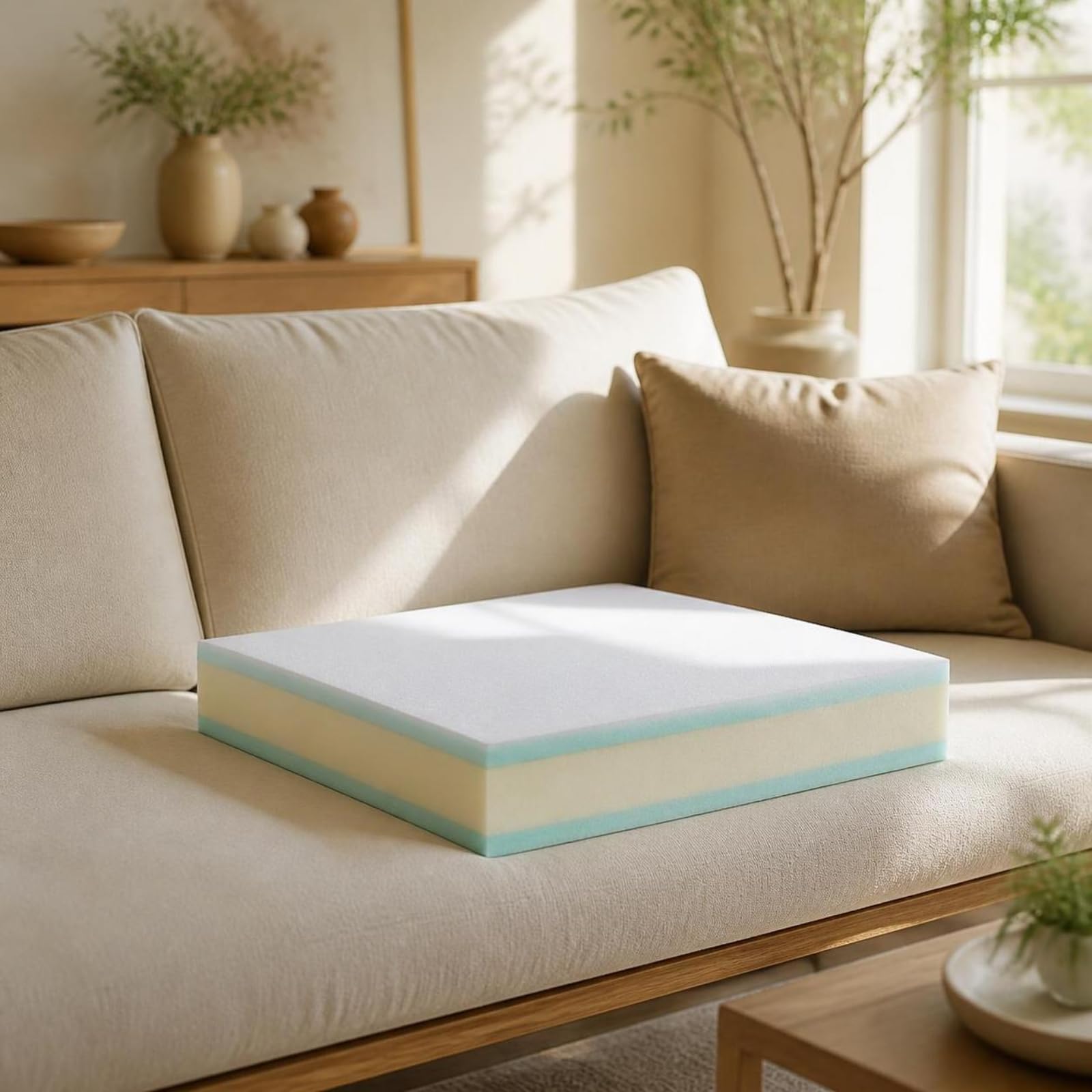 Schaumstoff Sitzkissenauflage für Couch mit Kern als Druckmindernde Unterlage für Erholsames Sitzen Und Einfaches Zuschneiden für Individuelle Passform, 56x56x15cm