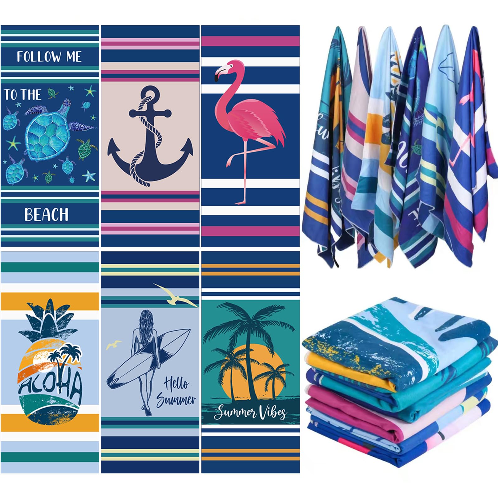 6 Pack Microfiber Oversized Lightweight Beach Towel for Adults Women Men, Reversible 71" x 32" XL Extra Large Thin Quick Dry Sand Free Pool Towels for Travel Sport Swimming Camping Picnic Yoga Gym