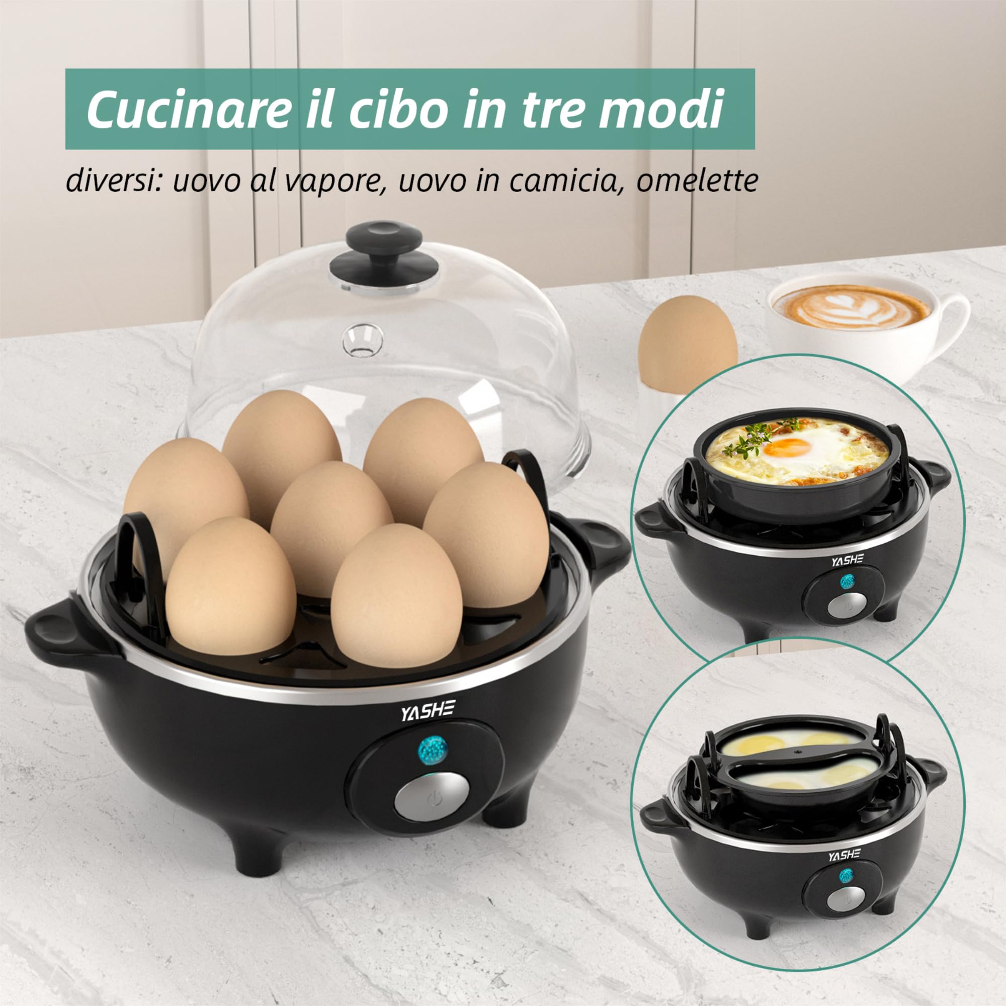 YASHE Cuociuova, 360W Cucina Compatta Multifunzione, 7 Uova facili da sbucciare, morbide, medie, dure, Poacher， Cuiseur vapeur, Segnale Acustico, luce indicatrice, BPA FREE
