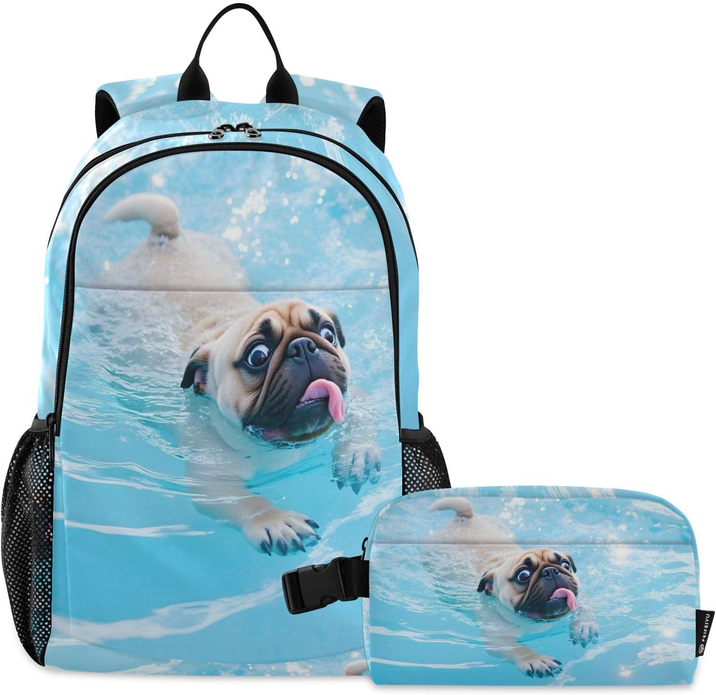ALAZA Happy Cute Pug Dog Backpack and Lunch Bag Set School Bag Bookbag Casual Daypacks for Kids Girls Boys Teens