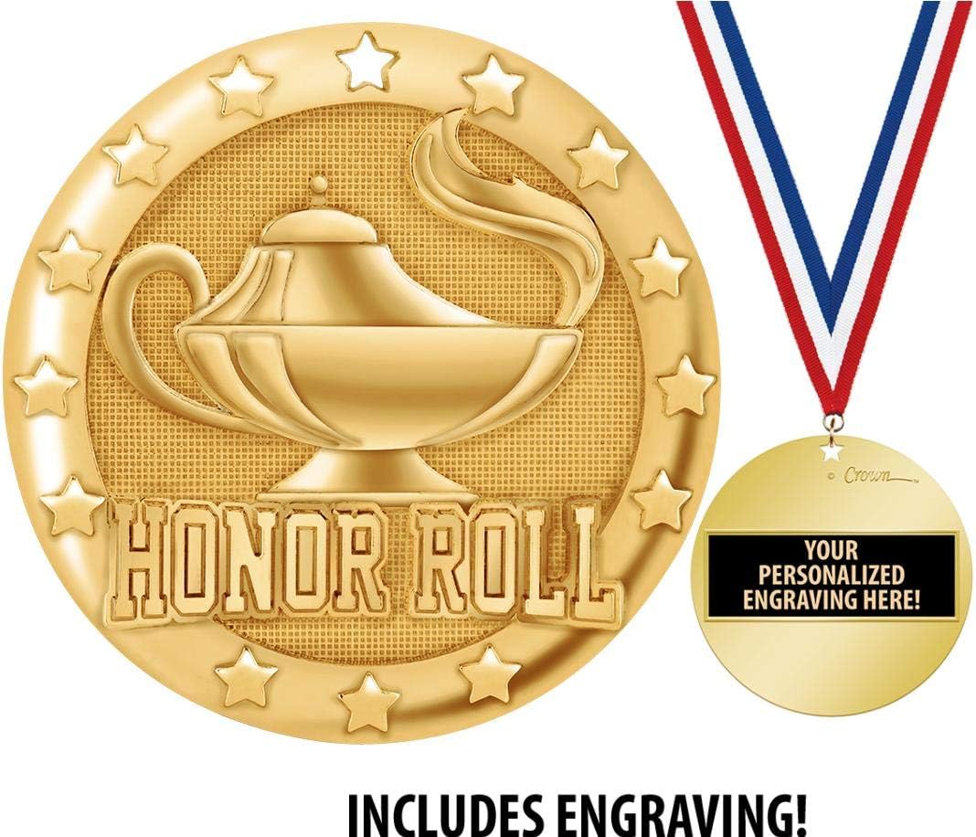 Crown Awards Honor Roll Medal, 2" Shiny Gold Honor Roll Medals for Kids with Free Custom Engraving Prime