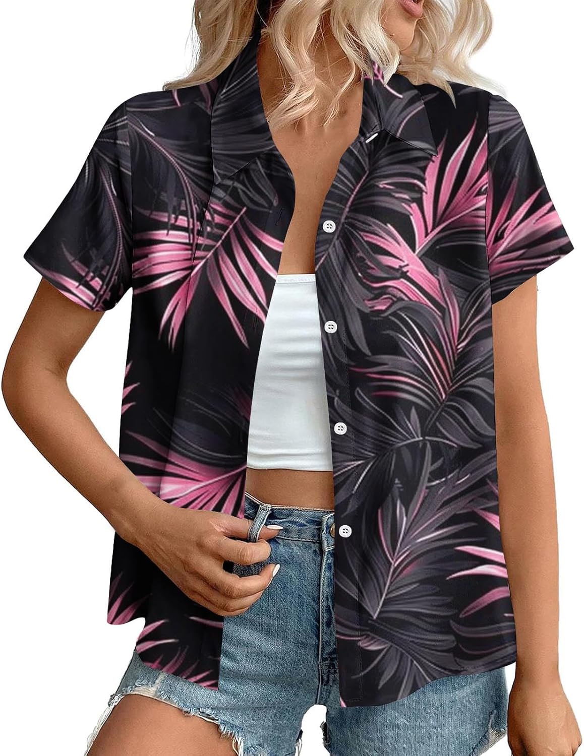Summer Hawaii Shirts for Women Cool Floral Tropic Print V Neck Tops Button Up T-Shirt Trendy Beach Vacation Blouse