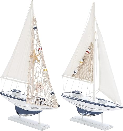 Deco 79 Escultura de barco de vela de madera costera, juego de 2 20 pulgadas de alto, 13 pulgadas de ancho, blanco