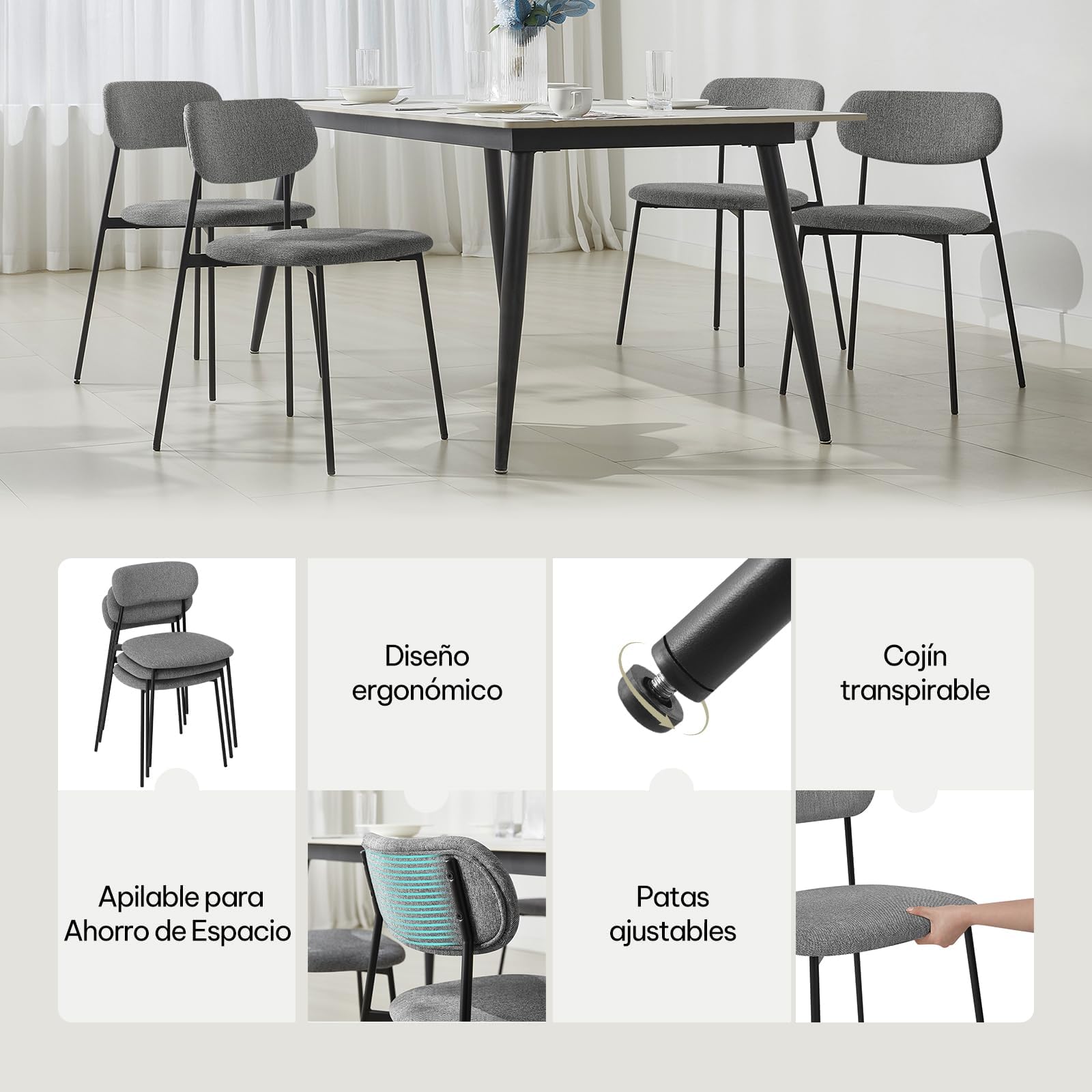 Lestarain 4X Sillas Comedor con Respaldo, Sillas Cocina con Asiento Tapizado, Sillas Modernas para Dormitorio, Salón y Cocina, Sillas Comedor Nórdicas, Lino, Gris Oscuro