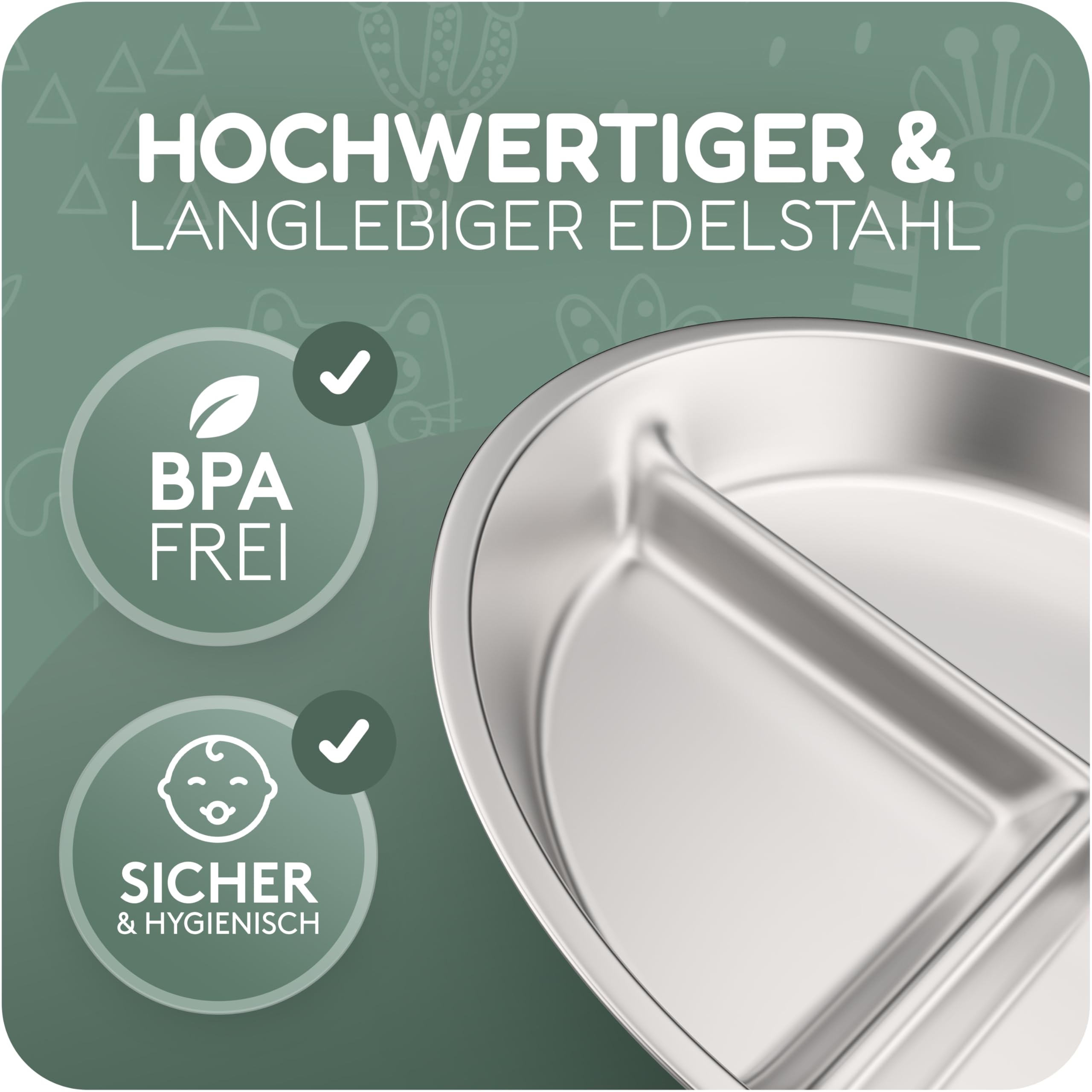 mamou Edelstahl-Kindergeschirrset 6-teilig | Teller & Schüssel mit Deckel, Besteck & Lätzchen | BPA-frei, hygienisch & geschmacksneutral | Nachhaltig & langlebig | Babys & Kleinkinder