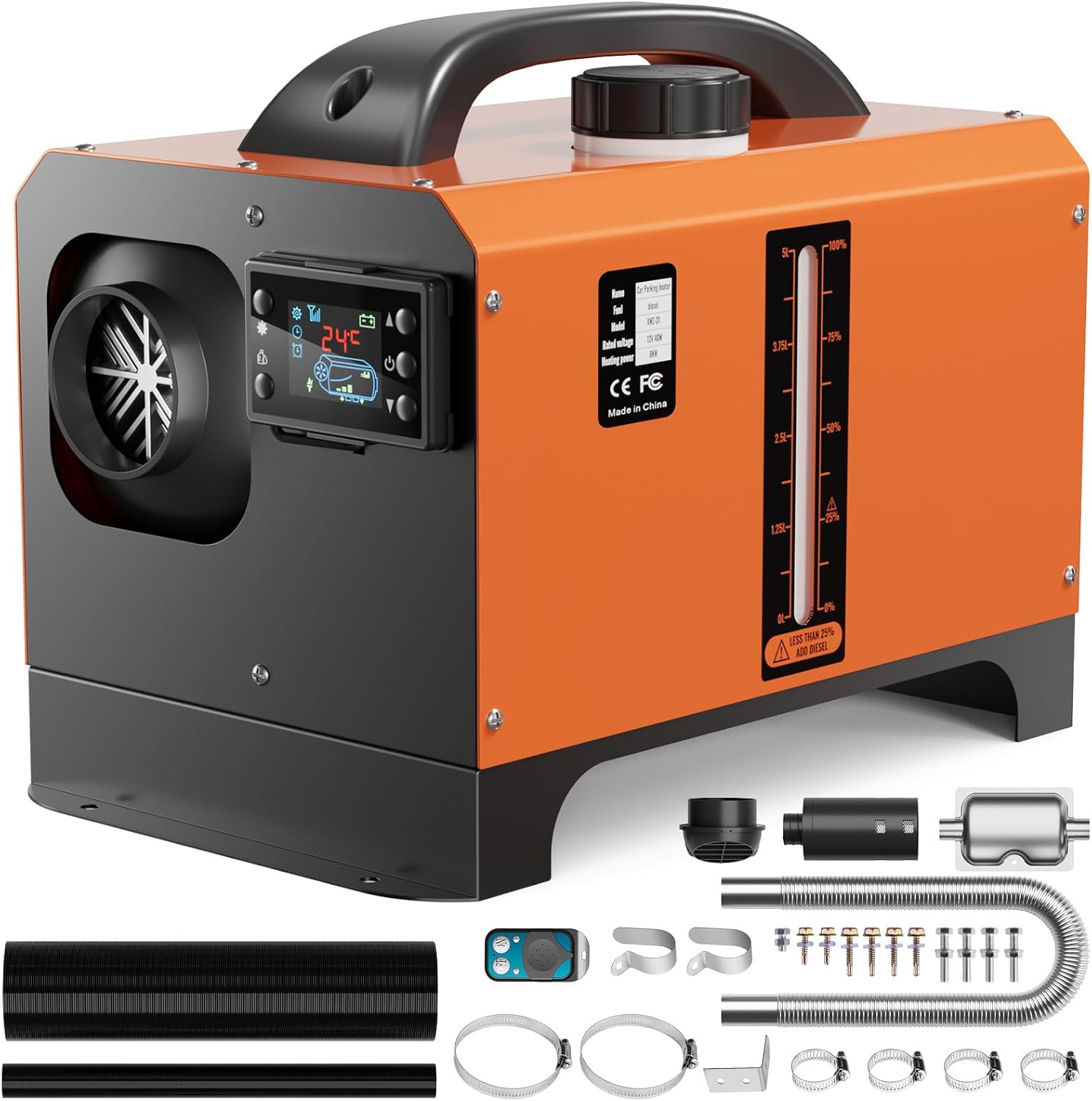 12V Diesel Heater, All in One 8KW Diesel Air Heater with 5L/1.3Gal Fuel Tank, with Remote Control and LCD Low Noise Parking Heater for Vehicle Truck RV Camper Van Boat Tent