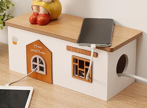 Caja de organización de cables, organizador de cables de extensión de madera, caja de regleta de alimentación hecha a mano para TV, computadora,