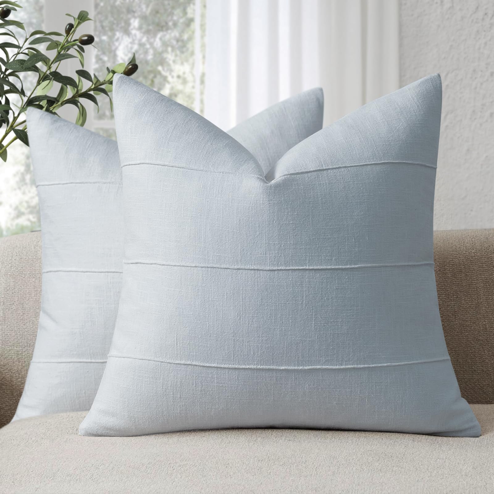 ZWJD Decorative Linen Cushion Covers 40x40 Set of 2 Solid Handcrafted Striped Throw Pillow Covers Soft Modern Farmhouse Neutral Cushion Covers for Sofa Bedroom Living Room Home Decor (Sky Blue) — image 1