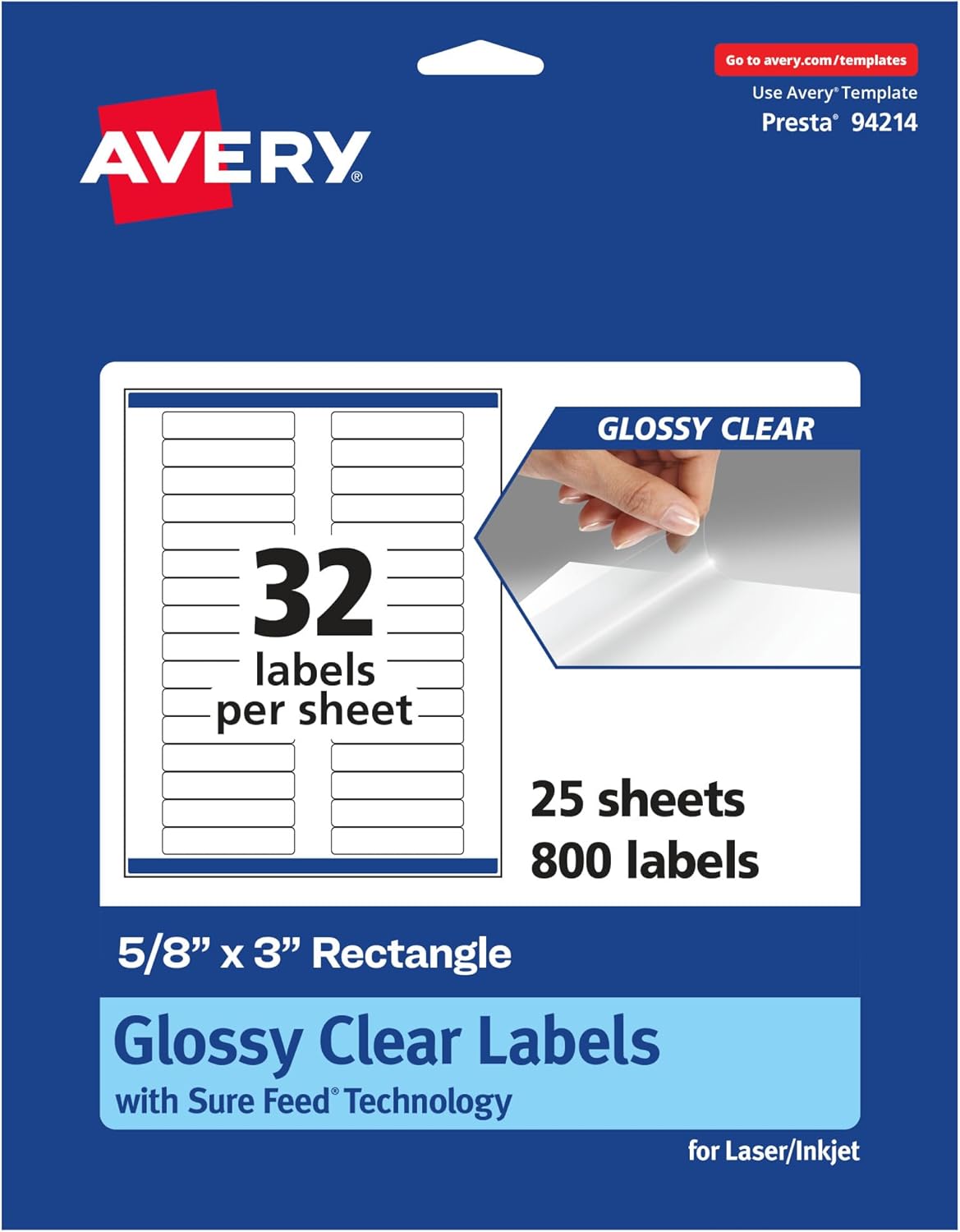 Avery Glossy Clear Rectangle Labels, Sure Feed Technology, 5/8" x 3", 800 Glossy Clear Labels, Laser/Inkjet Printable