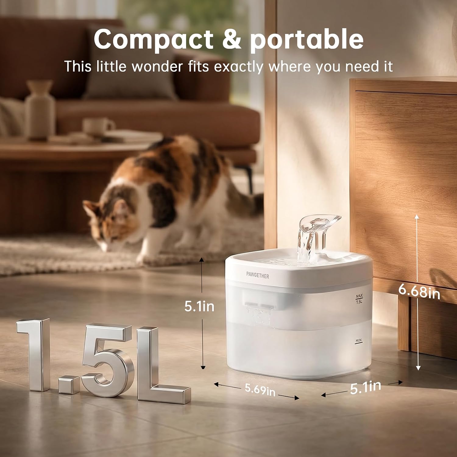 PAWGETHER® Cat Water Fountain with Wireless Pump 51oz/1.5L Dog Water Fountain, Ultra Quiet Automatic Pet Water Fountain Portable Indoor Ourdoor Travel Small Dog Water Dispenser Without Adapter White