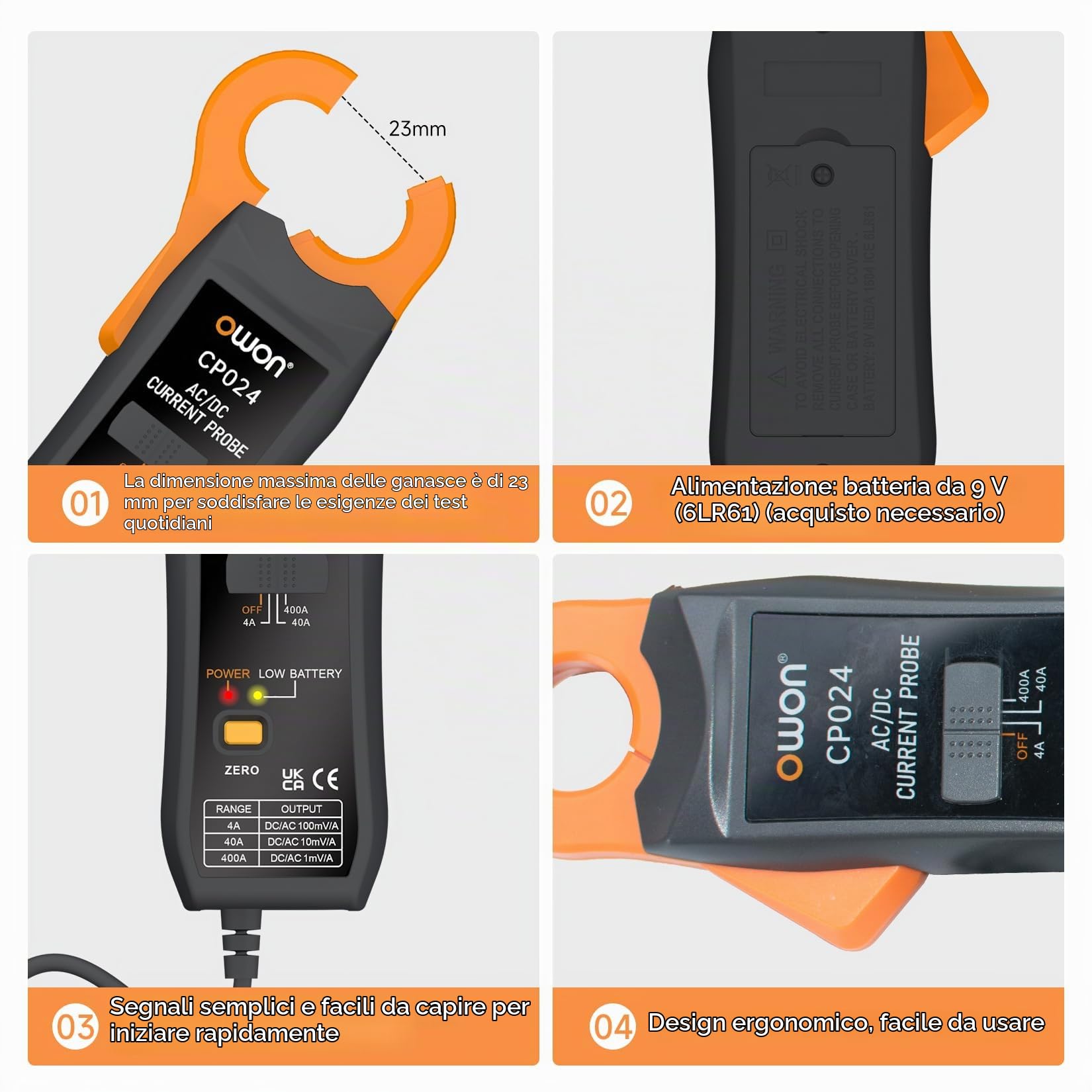 OWON CP024 Sonda a pinza amperometrica AC/DC per oscilloscopio, pinza amperometrica per tester di corrente 200 KHz Larghezza di banda 1 mV/10 mA 400 A Correzione dello zero relativo con connettore BNC