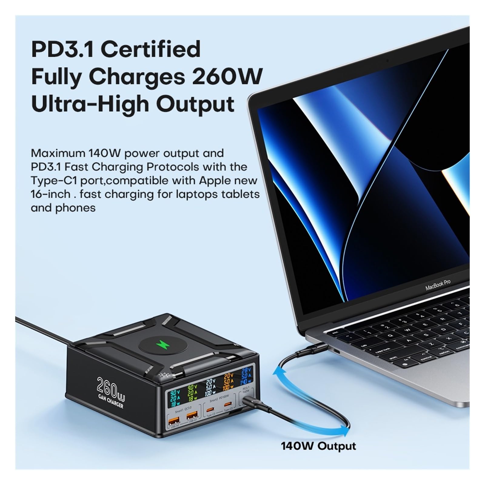 Ładowarka USB, Ładowarka USB C GaN 260 W Bezprzewodowa ładowarka PD3.1 QC3.0 Szybka ładowarka PPS 5-portowe szybkie ładowanie Wielofunkcyjne gniazdo USB