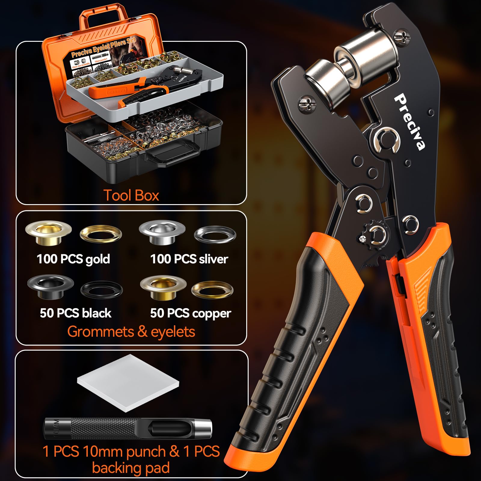 Preciva Ösenzange Set 10mm mit Aufbewahrungsbox | 300x Ösen in 4 Farben (Gold, Silber, Schwarz, Kupfer) | Hebelsystem & Ratschenmechanik | Ideal für Planen, Banner, Pappe & Leder