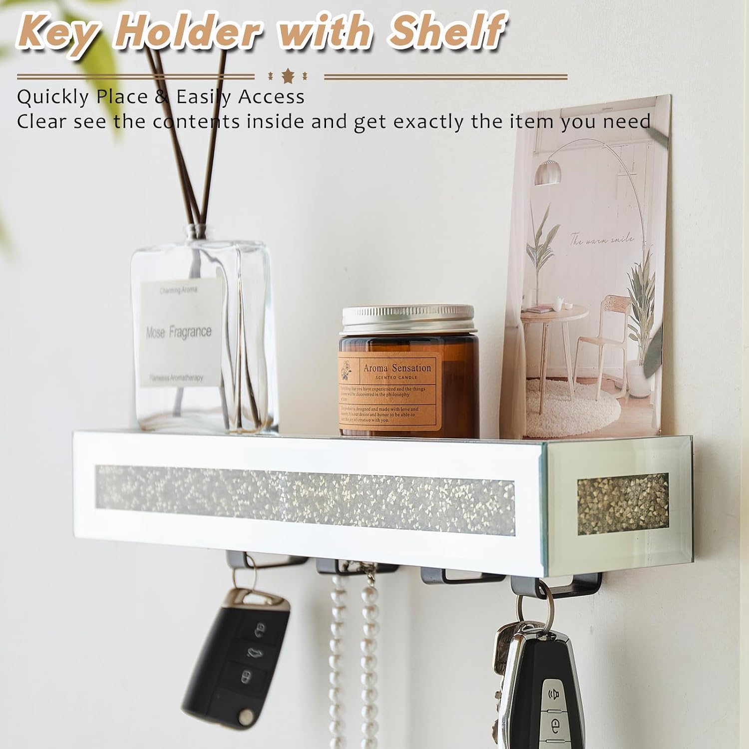 Crushed Diamond Wall Key Holder with Shelf, Crystal Mirror Decorative Key Holder Wall Mount, Hidden Key Holder with Shelf Wall Mount for Entryway and Home