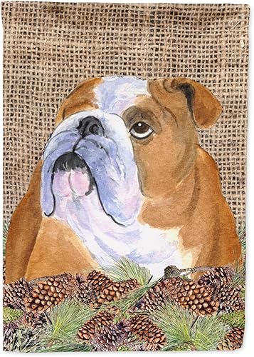 Caroline's Treasures SS4082GF Bulldog inglés sobre arpillera sintética con conos de pino, tamaño de jardín, multicolor