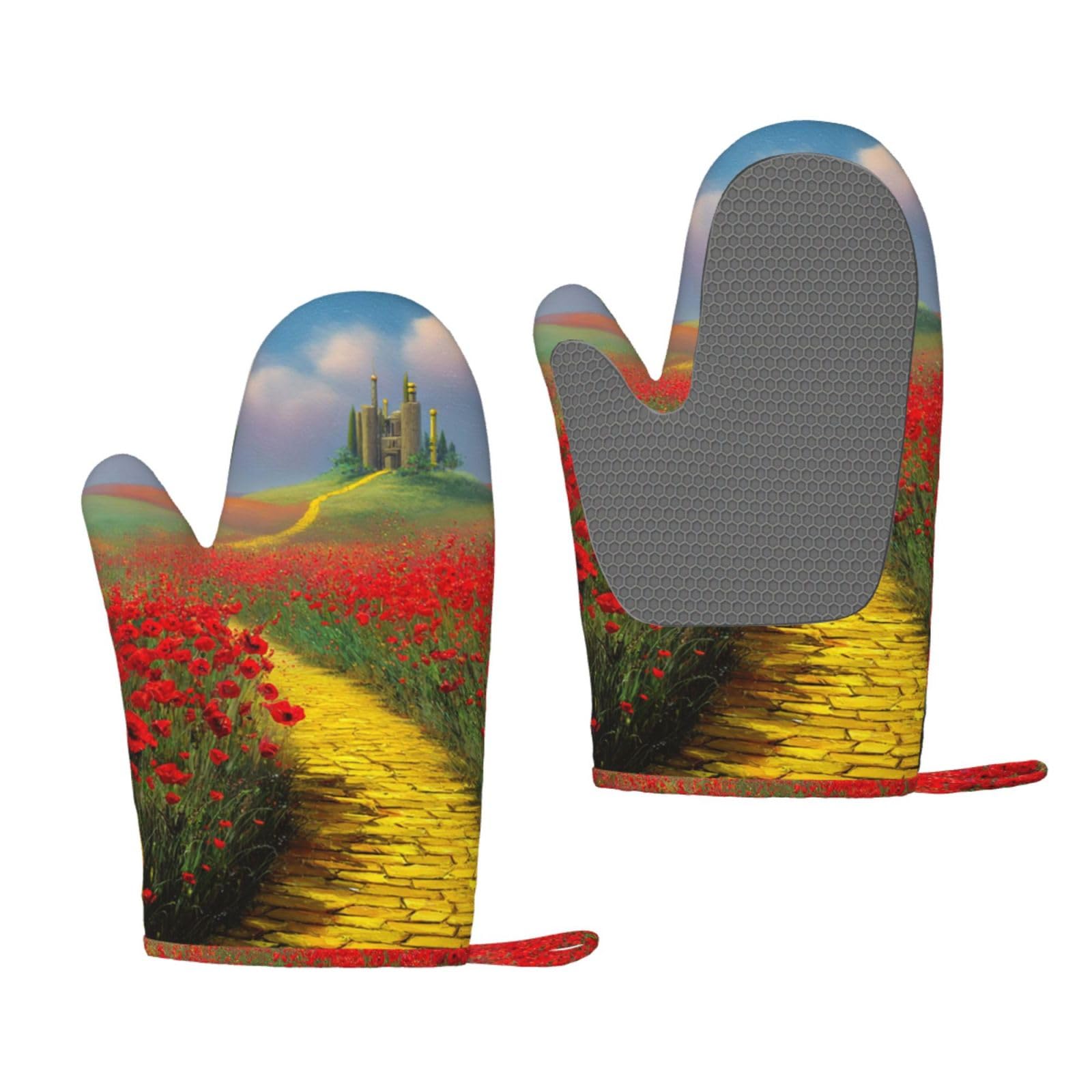 Oven Mitts Sets of 2 Heat Resistant Kitchen Gloves Poppies Field Yellow Brick Road Oven Mitts BBQ Oven Gloves Non-Slip Silicone Oven Mitts Waterproof Cooking Safety Gloves for Kitchen Baking Cooking