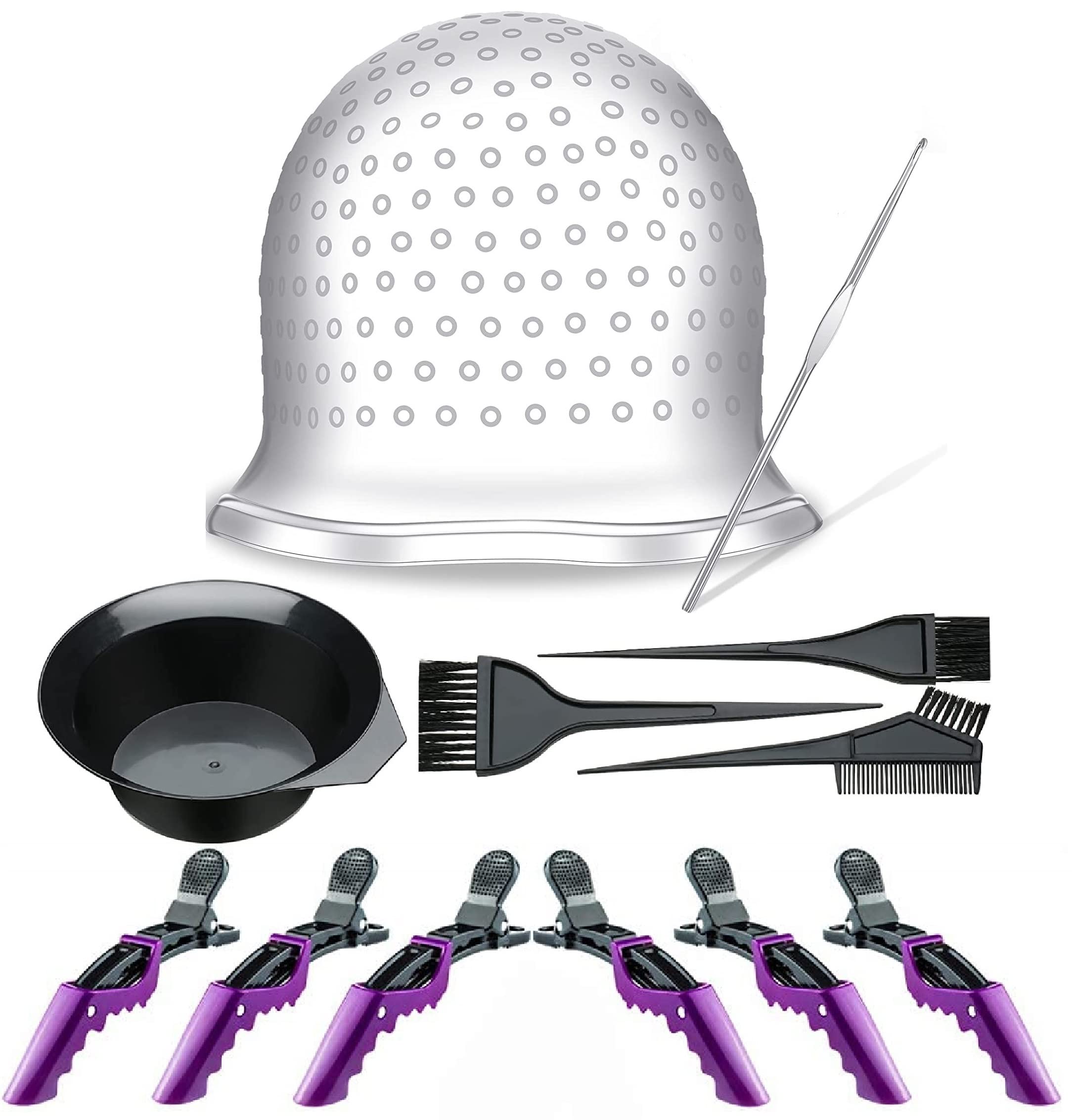 JIBARO Silicone Hair Dye Cap Reusable Professional Hair Coloring Cap with Hair Coloring Bowel and 3 Hair Brush Set, 6 Crocodile Hair Styling Clips Non Slip Grip Salon Sectioning Alligator Clips-image-31
