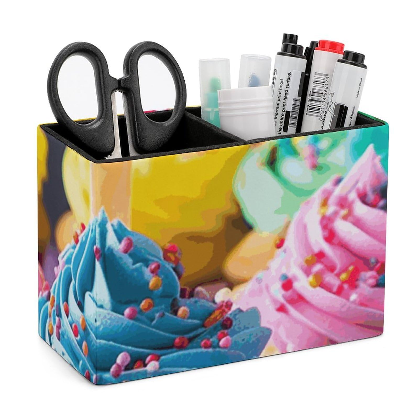JTREHY Colorful Happy Birthday Cupcakes Pencil Holder Exquisite Fashion Leather Pen Receptacle Soft High-End Pen Container for Office Home Accessories Or Housewarming Present